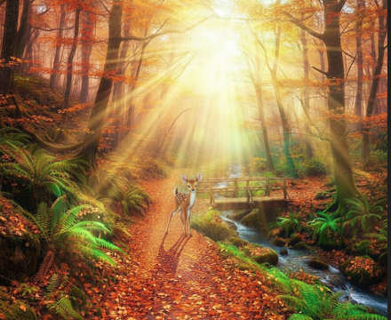 Realistic fawn and hedgehog in sun-drenched forest